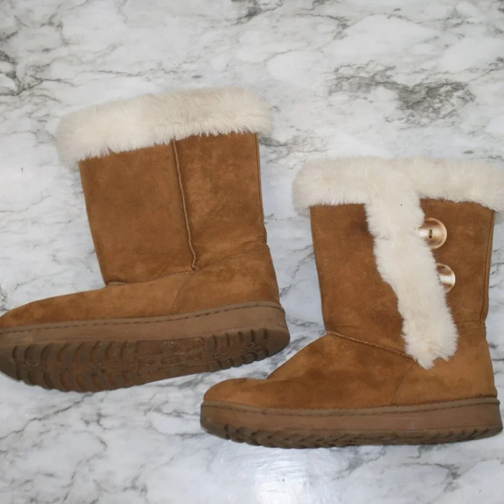 SO Boots Abigail Suede Winter Faux Fur Lined Snow Tan Button Chestnut Brown 8